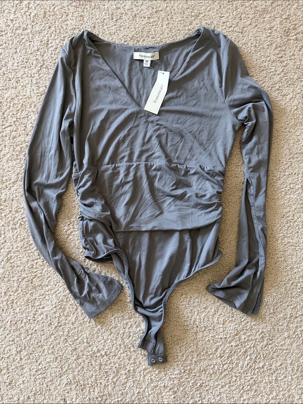 Francesca's Collections Gray V-Neck Long Sleeve Bodysuit